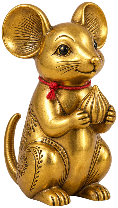 Mooshak, Bappa's little brass mouse, holding a modak